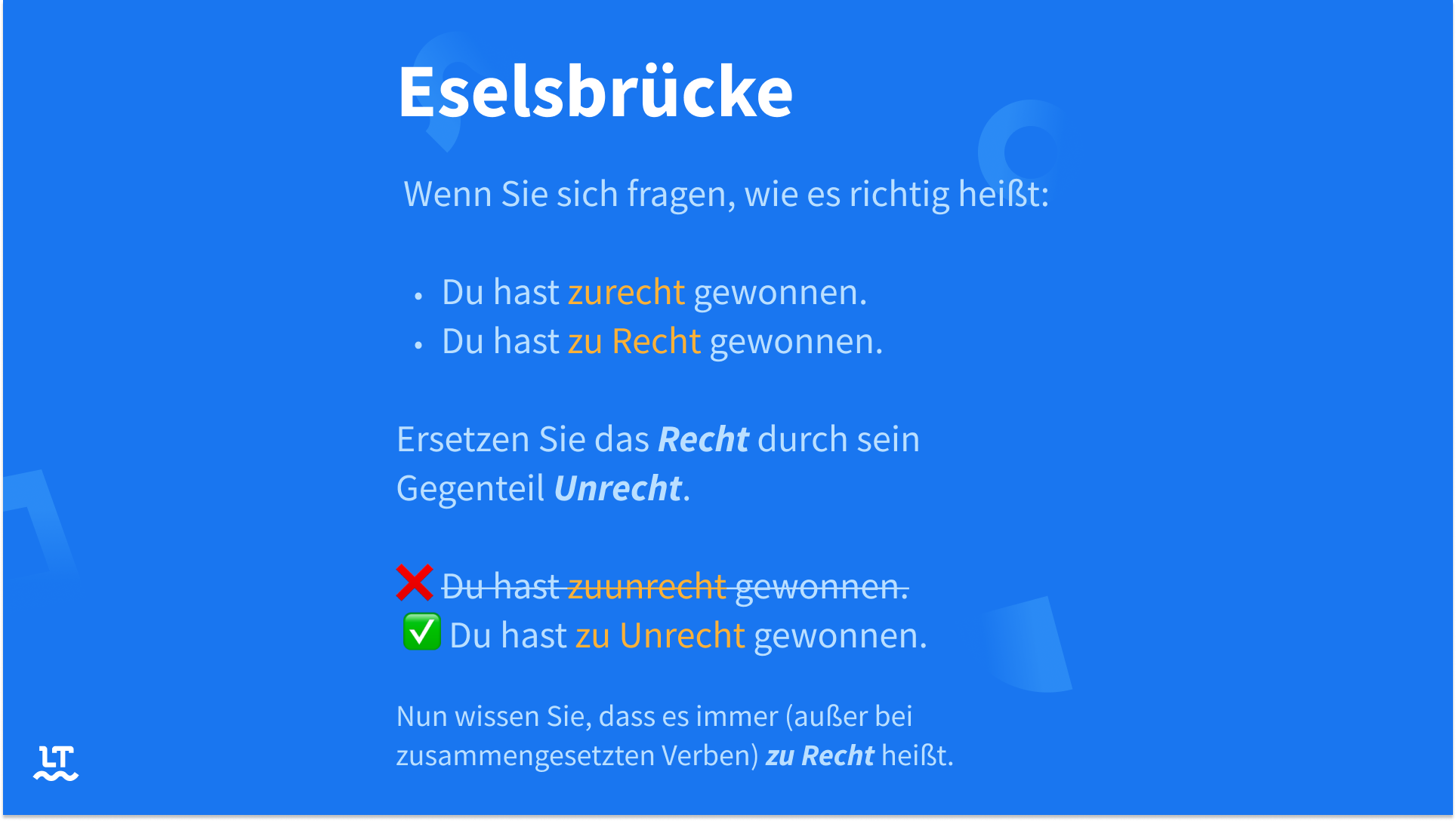 Merken Sie sich, das nur „zu Recht“ richtig ist, da es auch nur „zu Unrecht“ heißt.