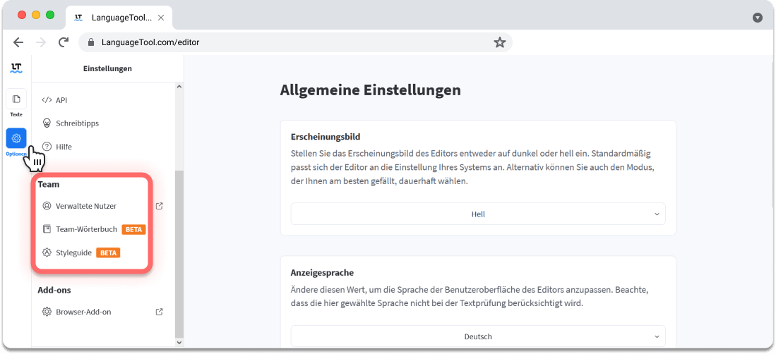 Beispiel 4: In Allgemeinen Einstellungen finden Sie die Funktion Styleguide. 