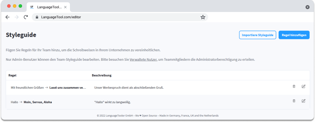 Beispiel 7: Sie finden alle Ihre Einträge des Styleguides auf dieser Startseite. 