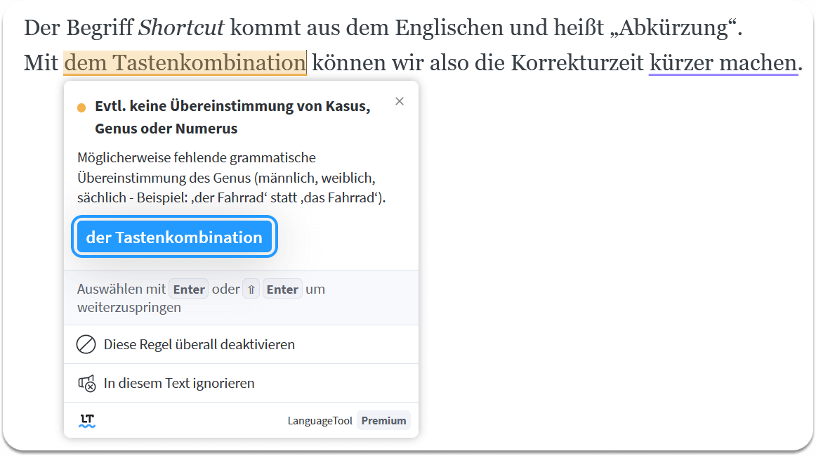 Screenshot 3: Grammatikfehler mit Tastenkürzelansicht