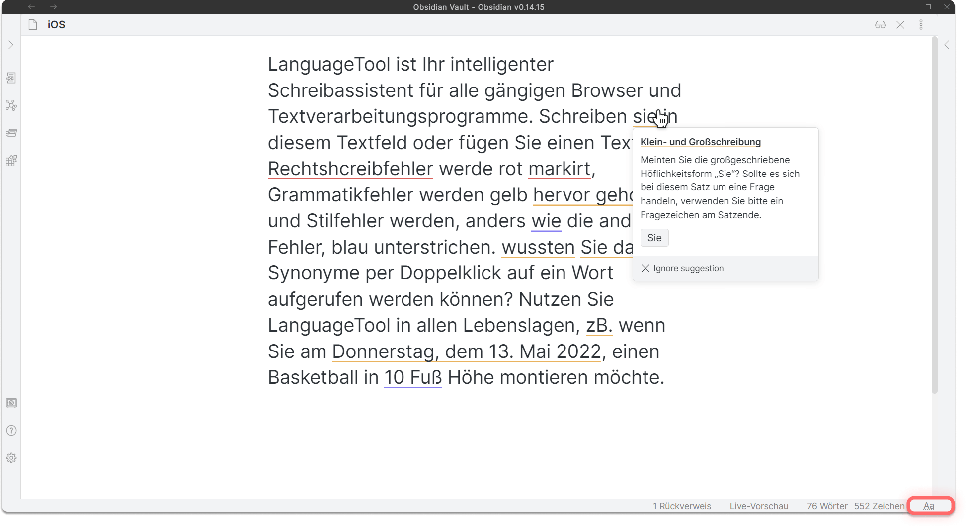 Screenshot 4: LanguageTools Korrektur auf Obsidian