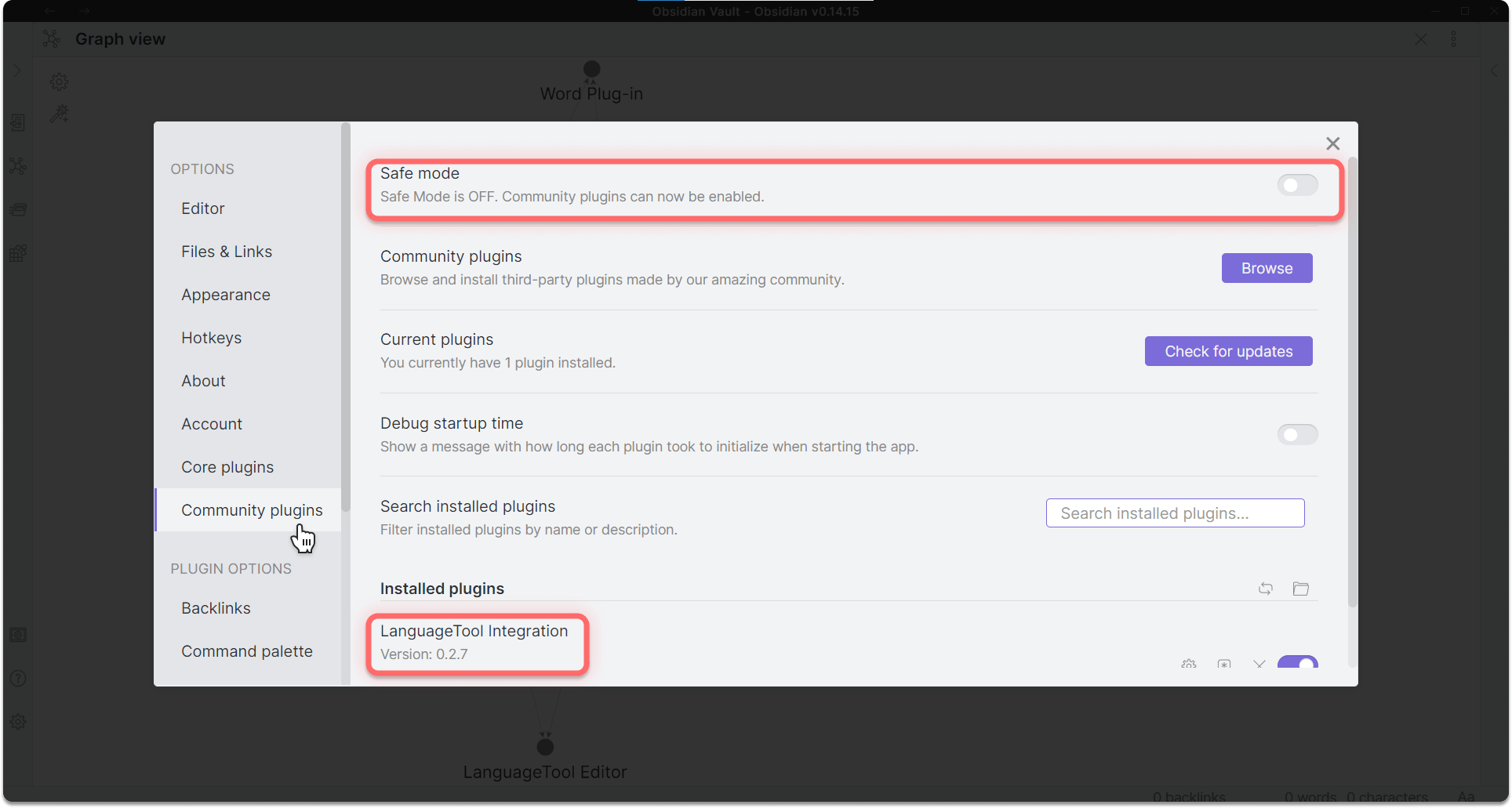 Screenshot 3: Settings on Obsidian for enabling LanguageTool's correction