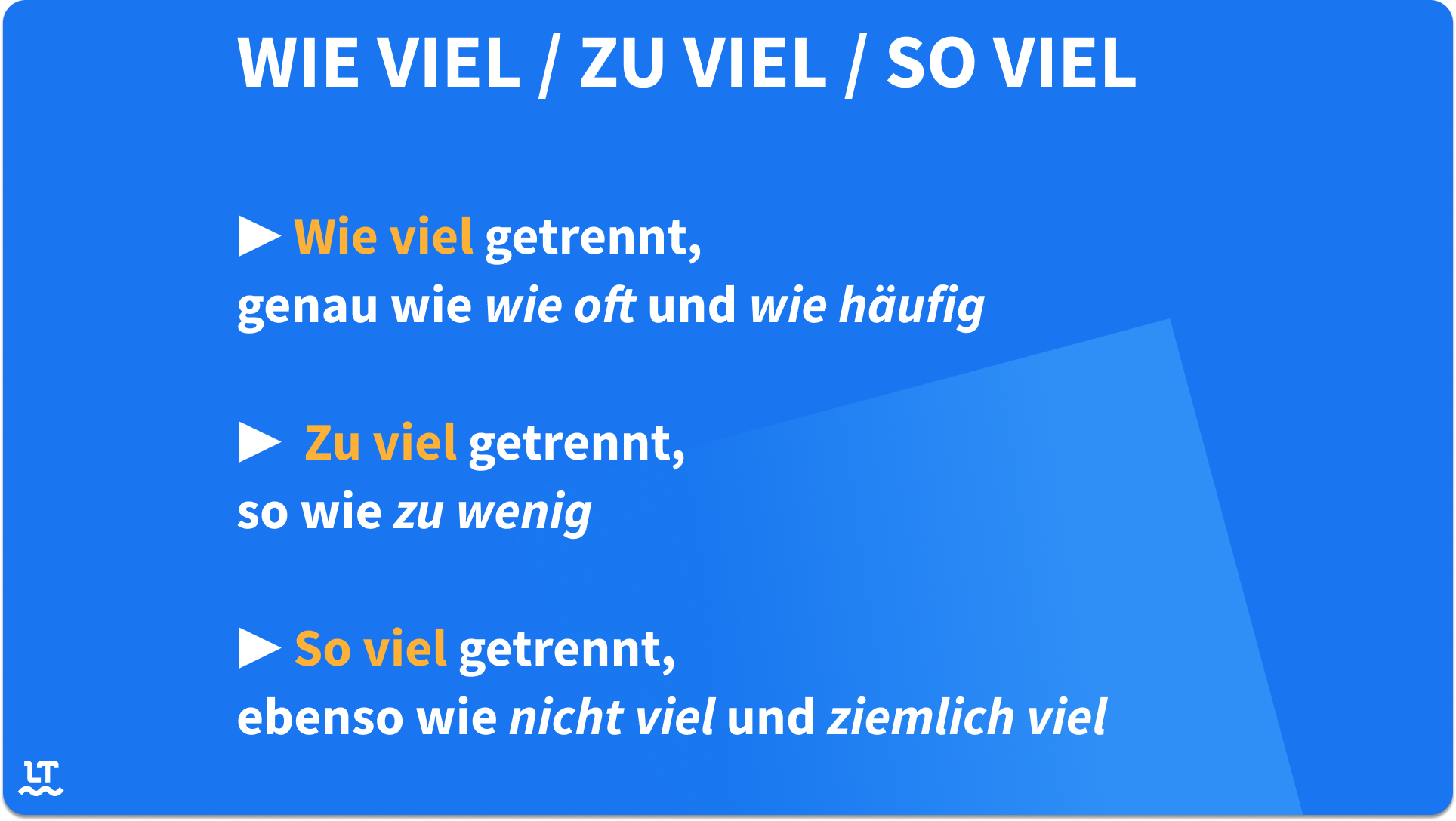 Merkregel, um die Schreibweisen von wie viel, zu viel und so viel zu wissen