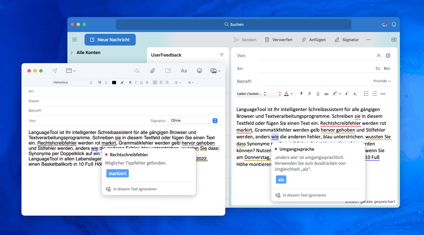 Screenshot 1: Mehrere Fenster mit Mailprogrammen, die zeigen, wie LanguageTool Texte korrigiert und Fehler farblich unterstreicht.