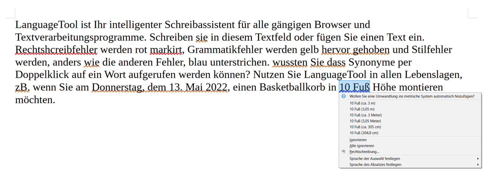 Screenshot 8: Beispieltext, der zeigt, wie umfassend die Analyse und Hinweise von LanguageTool sind - besonders im Vergleich zur vorinstallierten Korrektur