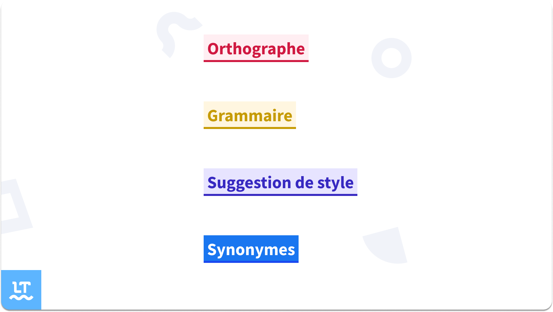 Capture d'écran des différents codes couleurs utilisés par LanguageTool