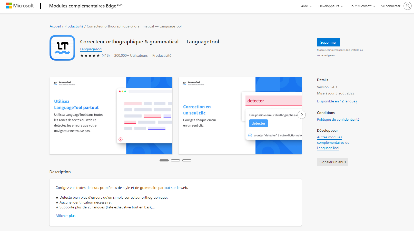 Capture d'écran de l'installation du plug-in LanguageTool sur MS Edge