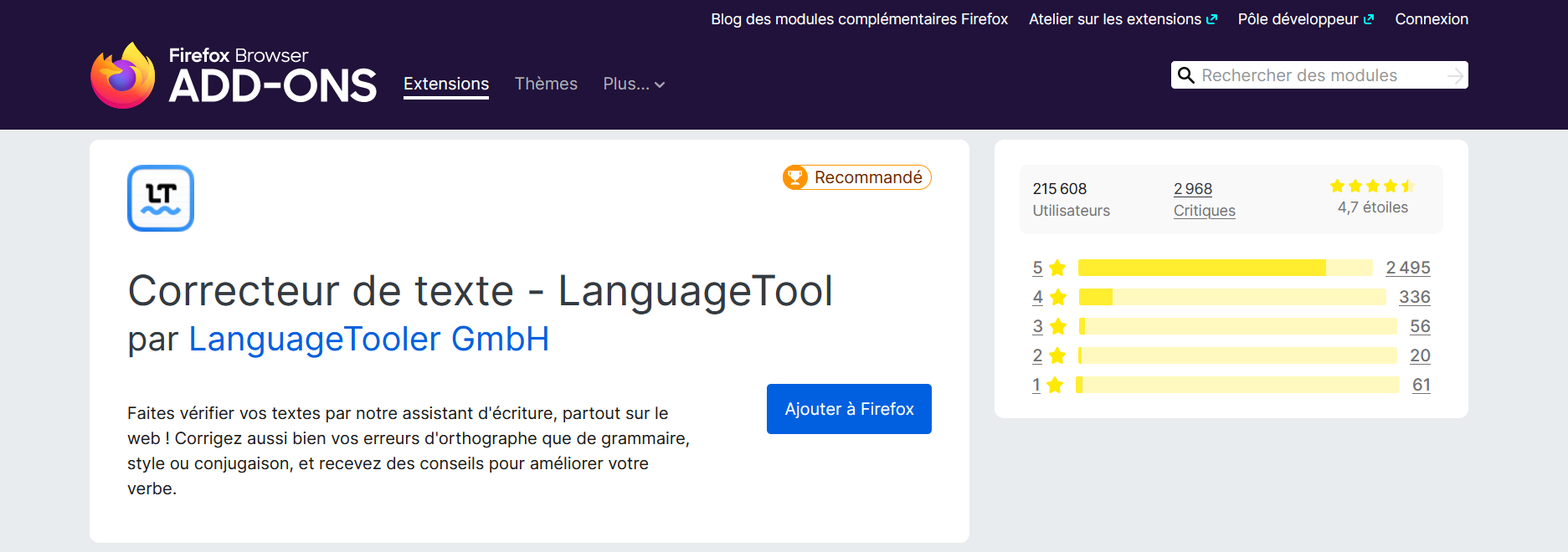 Capture d'écran d'installation du plug-in LanguageTool sur Mozilla Firefox