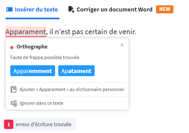 Capture d’écran d’une erreur corrigée par le logiciel LanguageTool.