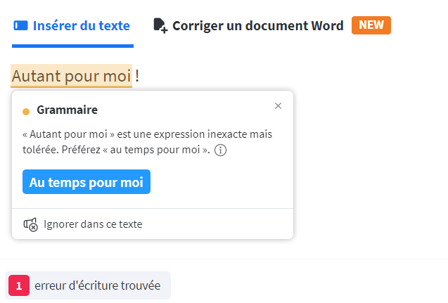 Capture d’écran d’une suggestion d’amélioration par le logiciel LanguageTool.