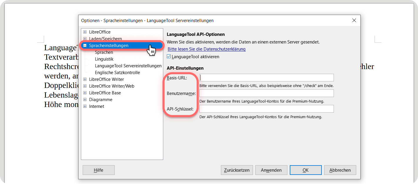 Screenshot 5: Login data for LanguageTool on LibreOffice