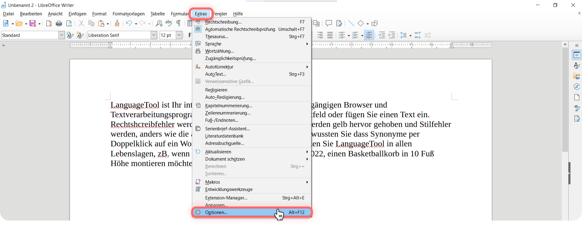 Screenshot 4: LanguageTool lässt sich unter Extras einstellen und verwenden