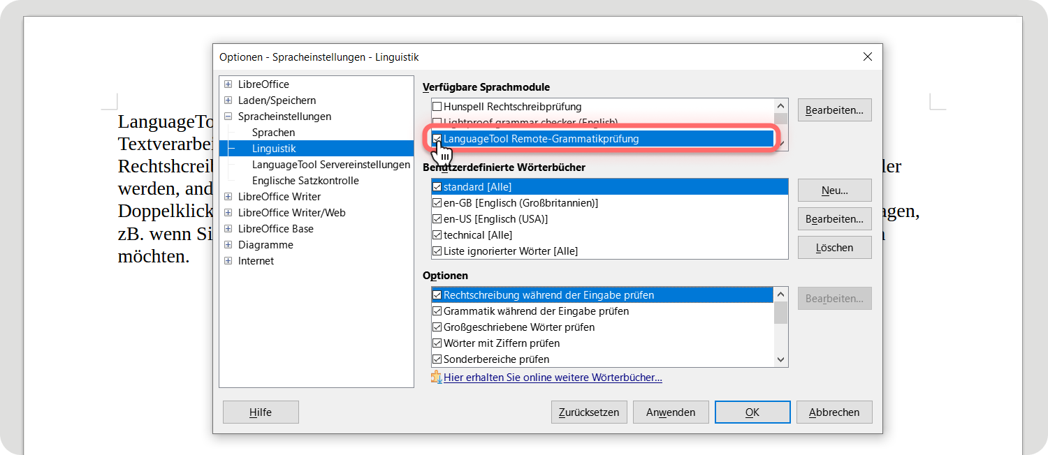 Screenshot 6: Einstellungen für Sprachen, LanguageTool und Module