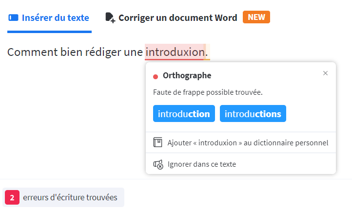 Capture d’écran d’une faute d’orthographe détectée par le logiciel LanguageTool.