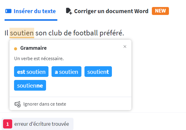 Exemple de correction du verbe « soutenir » par le correcteur d’orthographe et de grammaire LanguageTool.