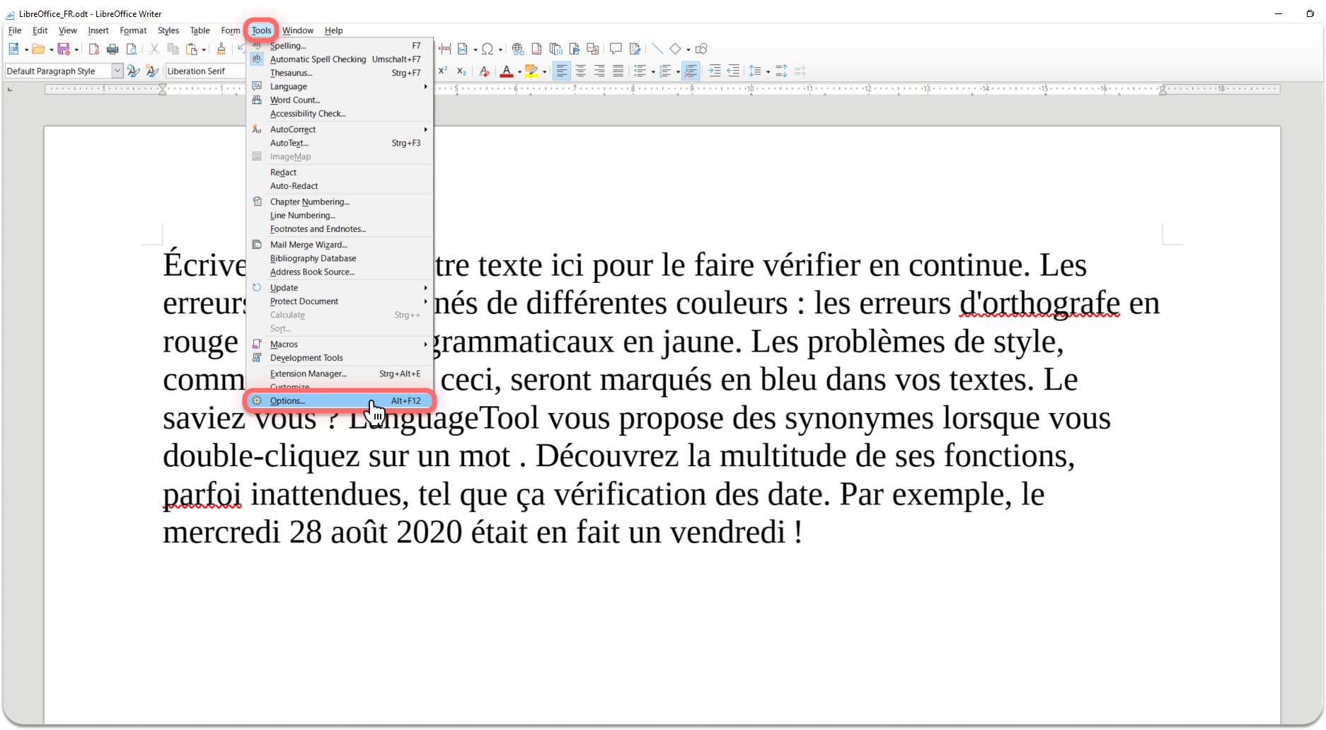 Paramètres de langues sur LibreOffice pour intégration du correcteur orthographique LanguageTool