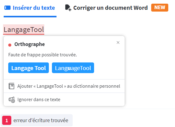 Capture d’écran d’une erreur sur l’orthographe du nom « LanguageTool ».