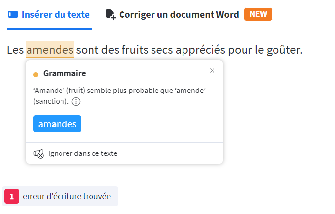 Correction du terme « amende » par le correcteur d’orthographe et de grammaire LanguageTool.