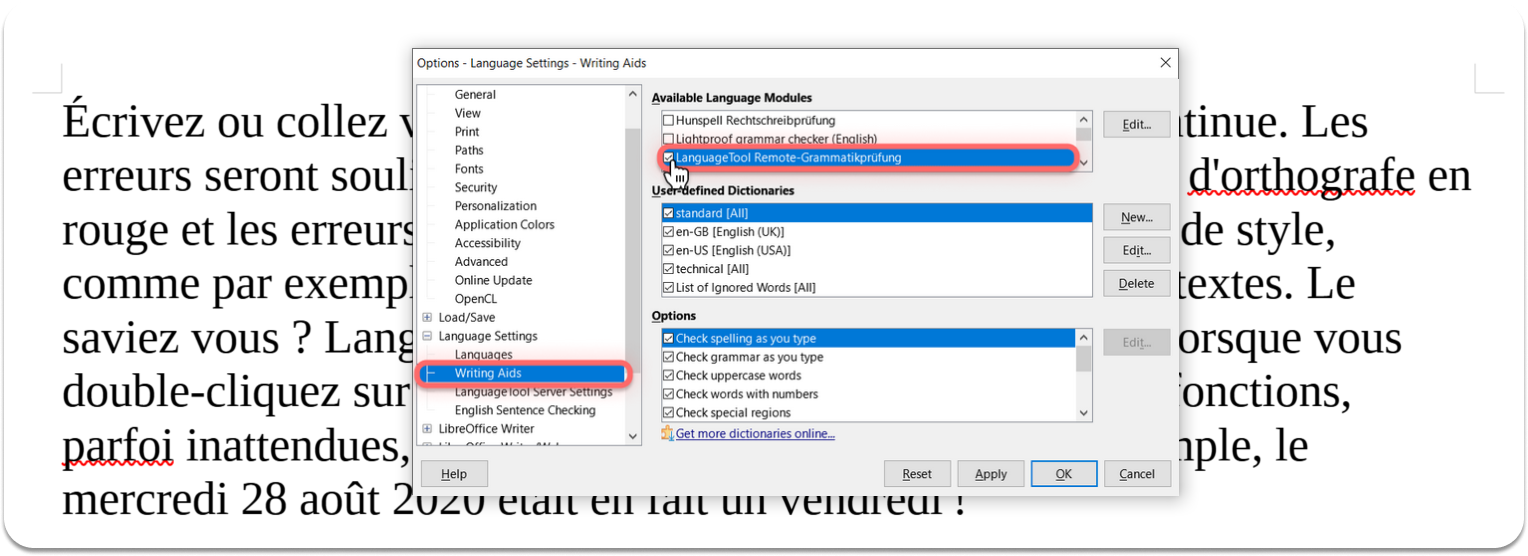 Paramétrage du correcteur d'orthographe et de grammaire LanguageTool sur LibreOffice