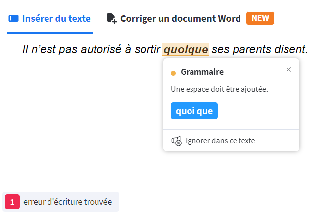 Capture d’écran du logiciel LanguageTool et correction du mot « quoique ».