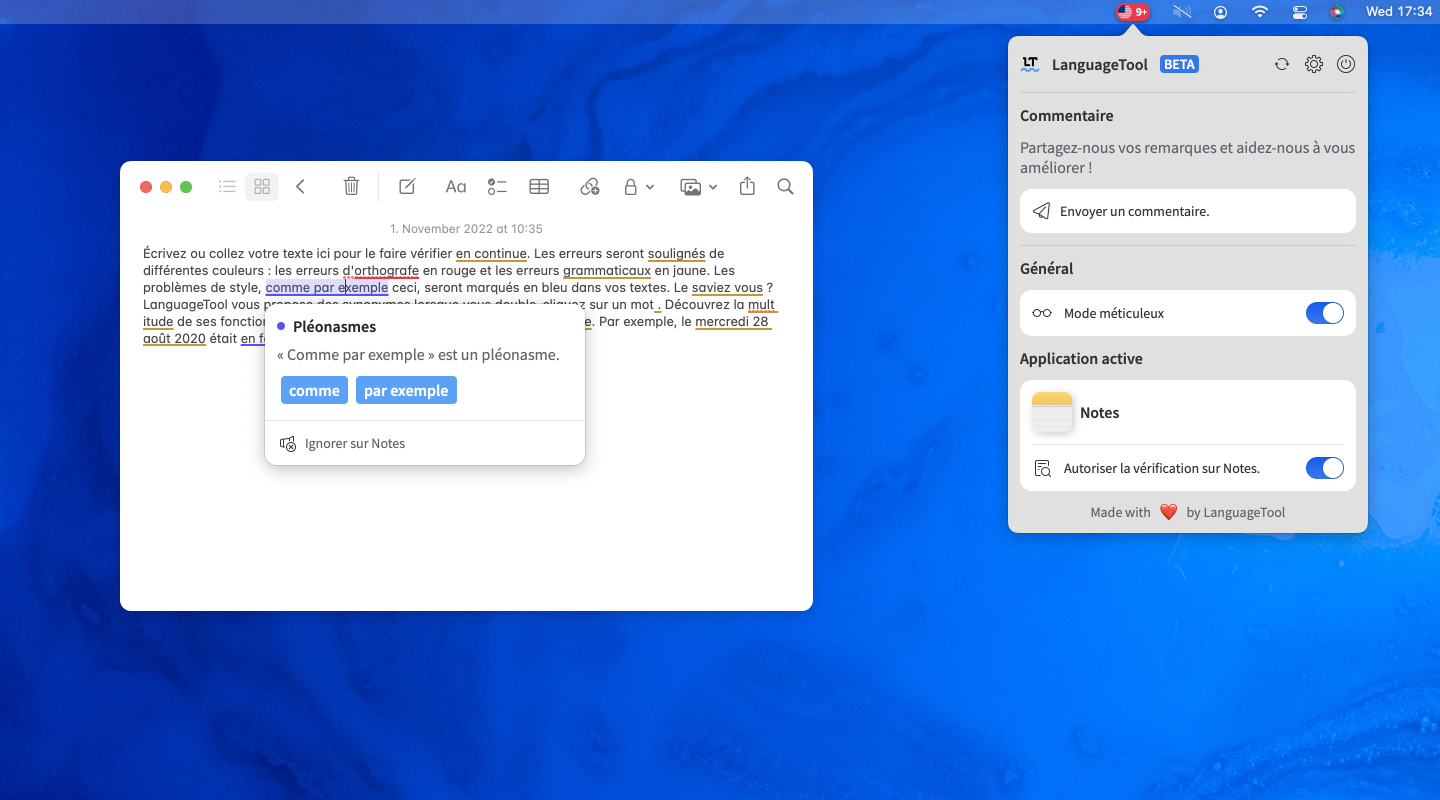 Utilisation de LanguageTool dans les applications Notes, Messages et Apple Mail sur Mac.