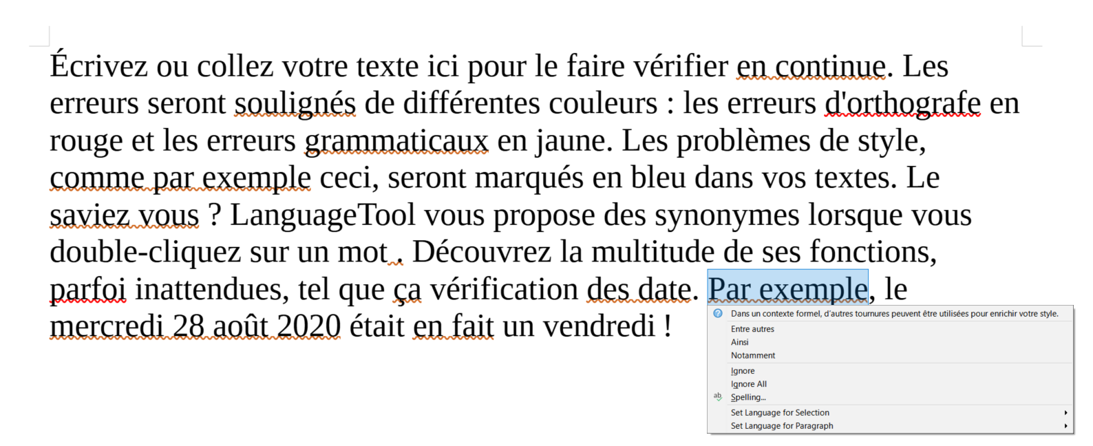 Correction orthographique automatique par le logiciel de traitement de texte LibreOffice.