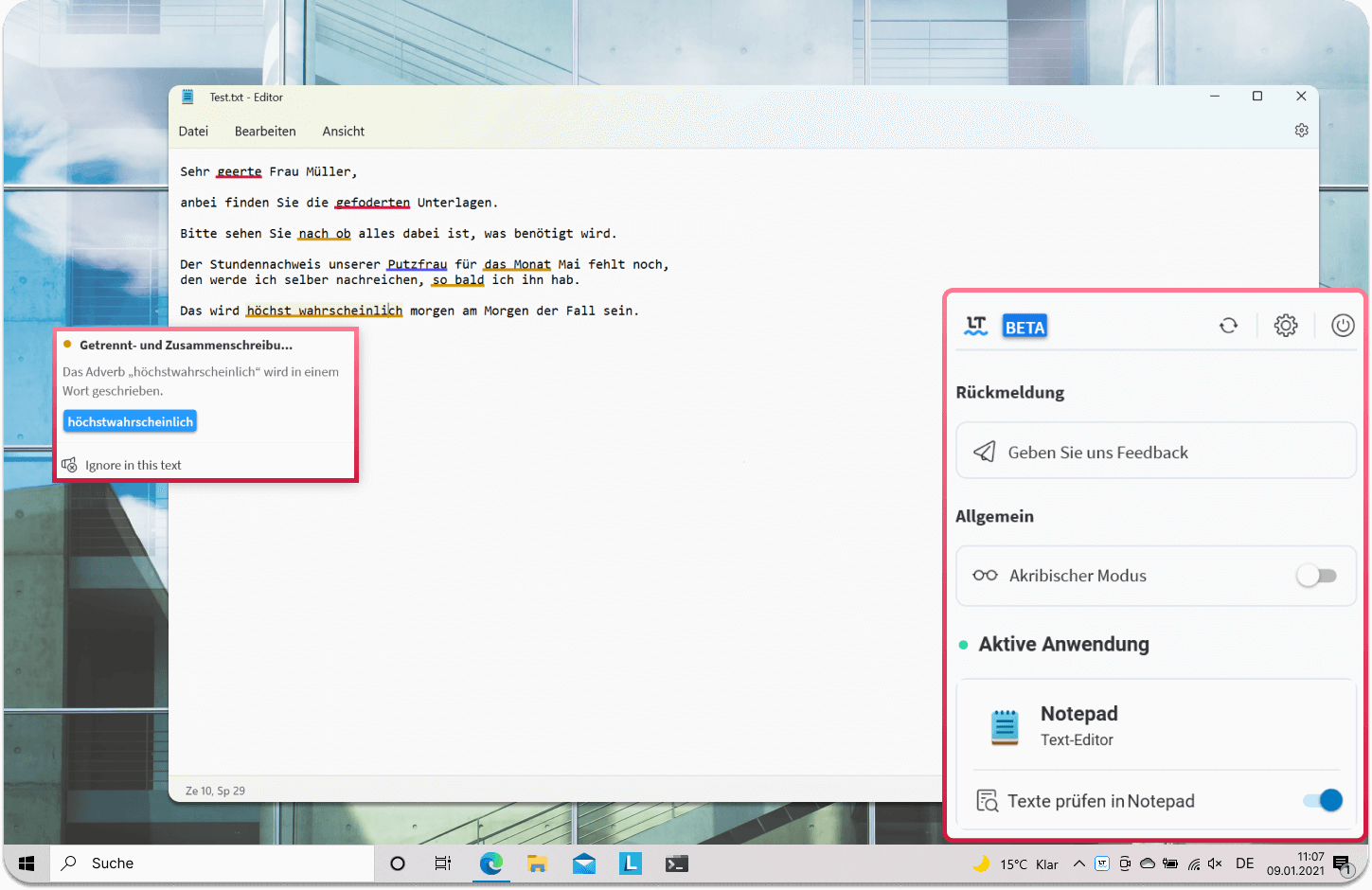 Screenshot 6, LanguageTool für Windows: Korrekturen werden im Editor wie gewohnt unterstrichen und mit Fehlerkarten dargestellt.