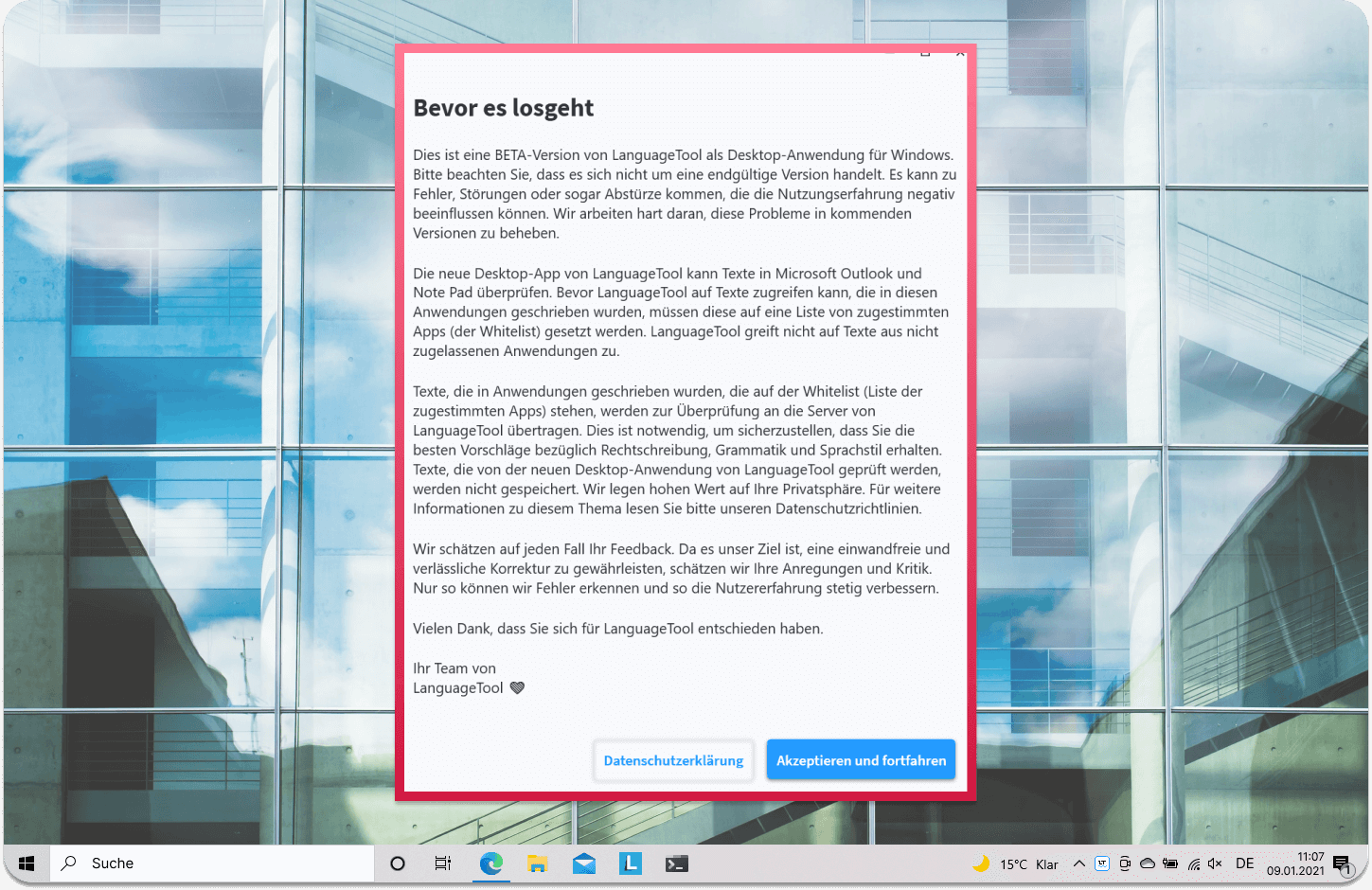 Screenshot 2, LanguageTool für Windows: Ansicht zur Beta- und Datenschutzerklärung