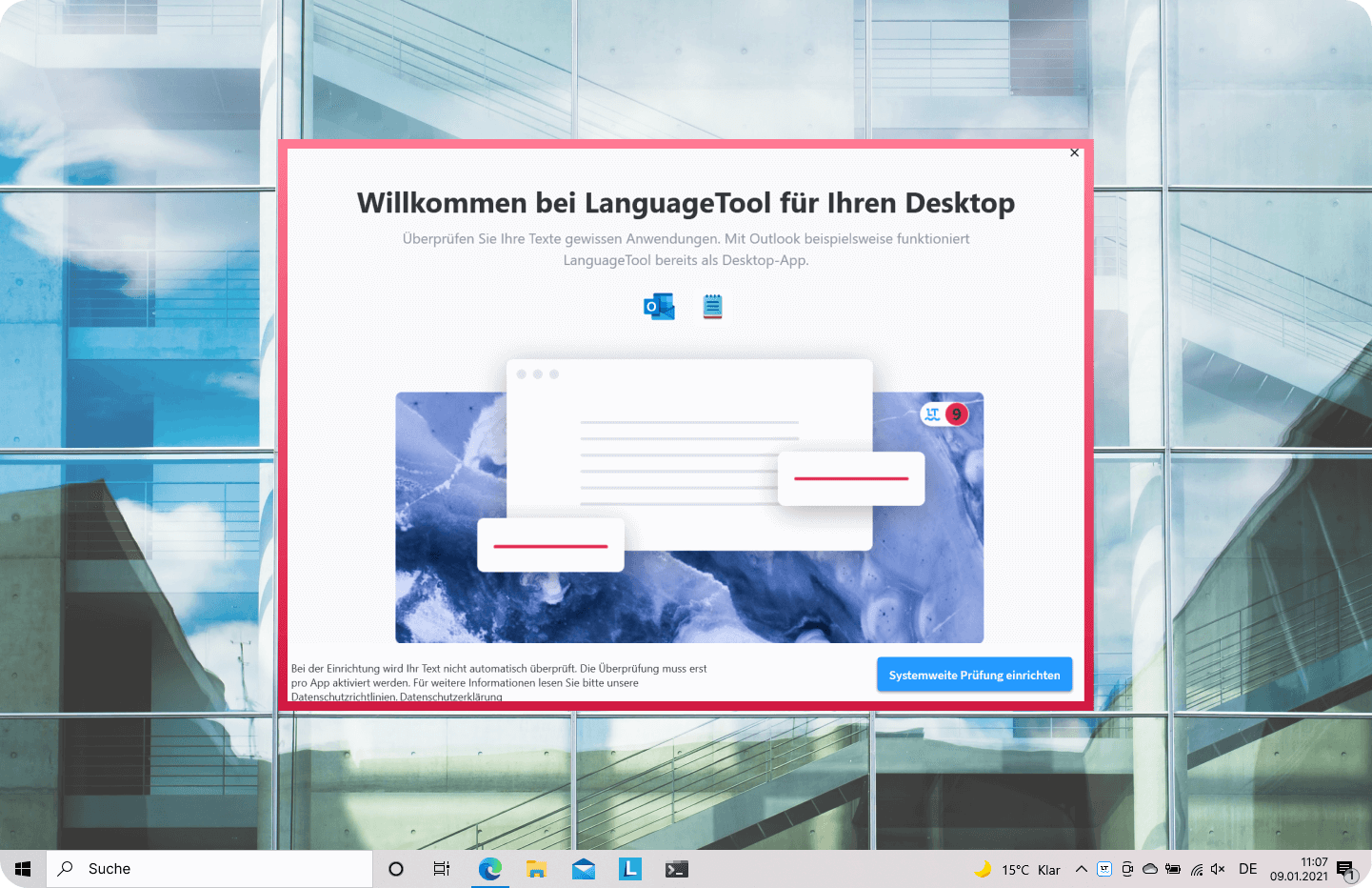 Screenshot 3, LanguageTool für Windows: Willkommensbildschirm zum Starten der Installation