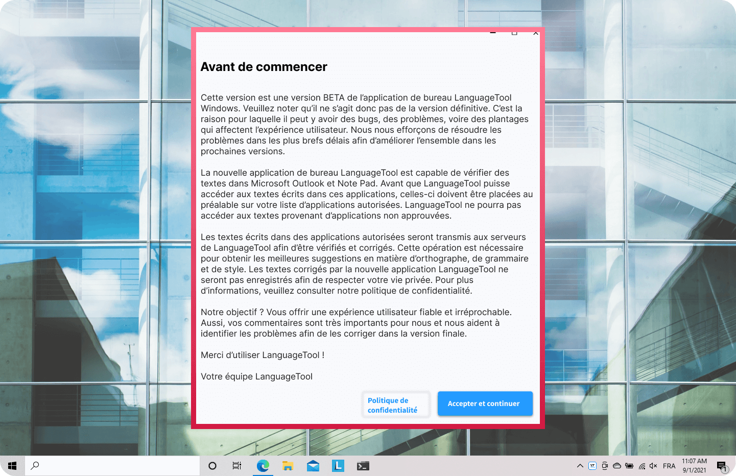 Politique de confidentialité application LanguageTool sur Windows.