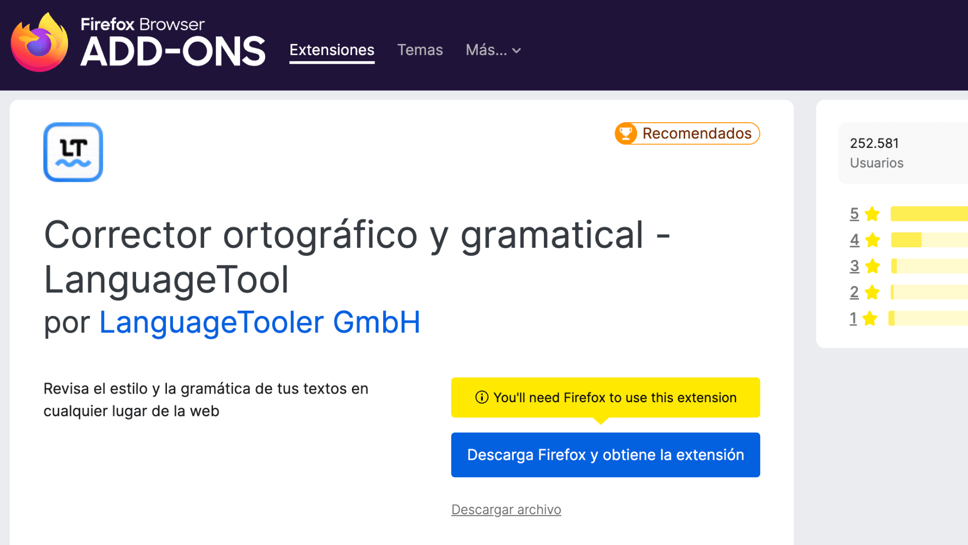 Complemento del navegador de LanguageTool para Mozilla.