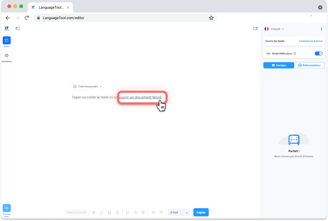 Ouvrir un document Word sur l'Éditeur LanguageTool pour le corriger.