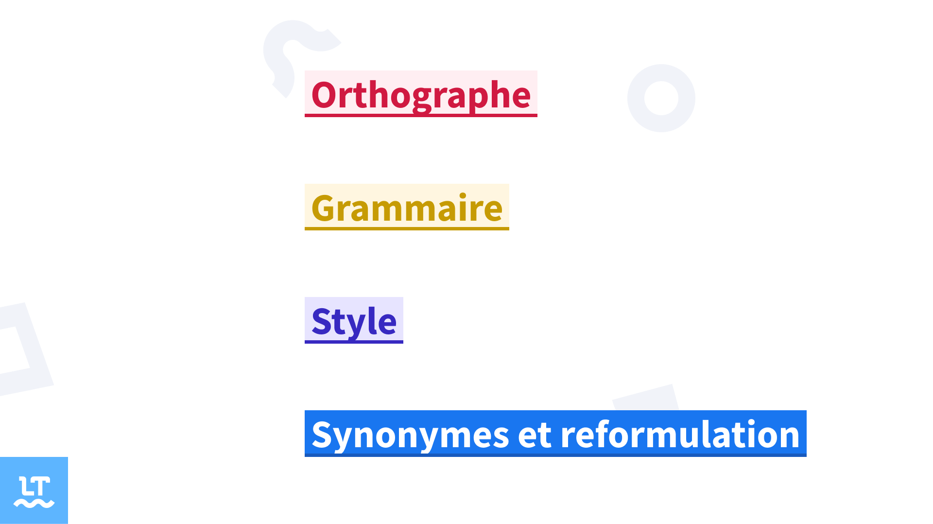 Code couleurs utilisé par le correcteur automatique LanguageTool et signification des erreurs.