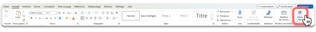 Extension LanguageTool installée dans Word, visible sur la partie supérieure droite de la barre de menu.