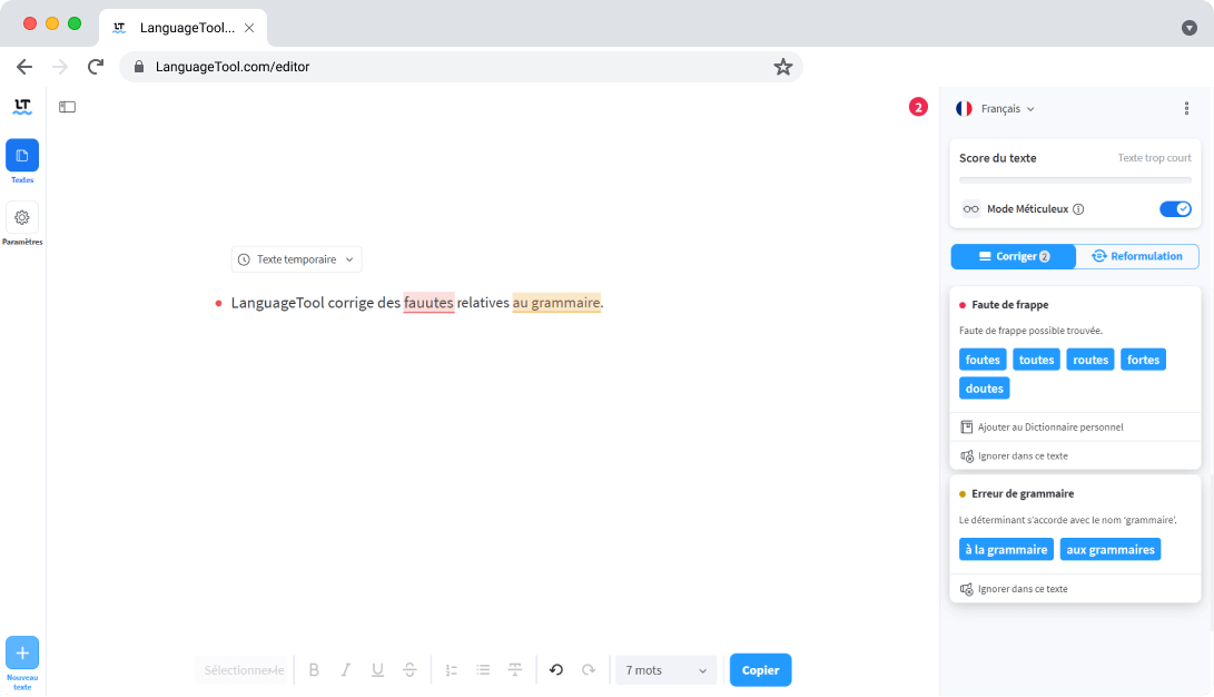 Erreurs soulignées dans l’Éditeur du correcteur gratuit LanguageTool
