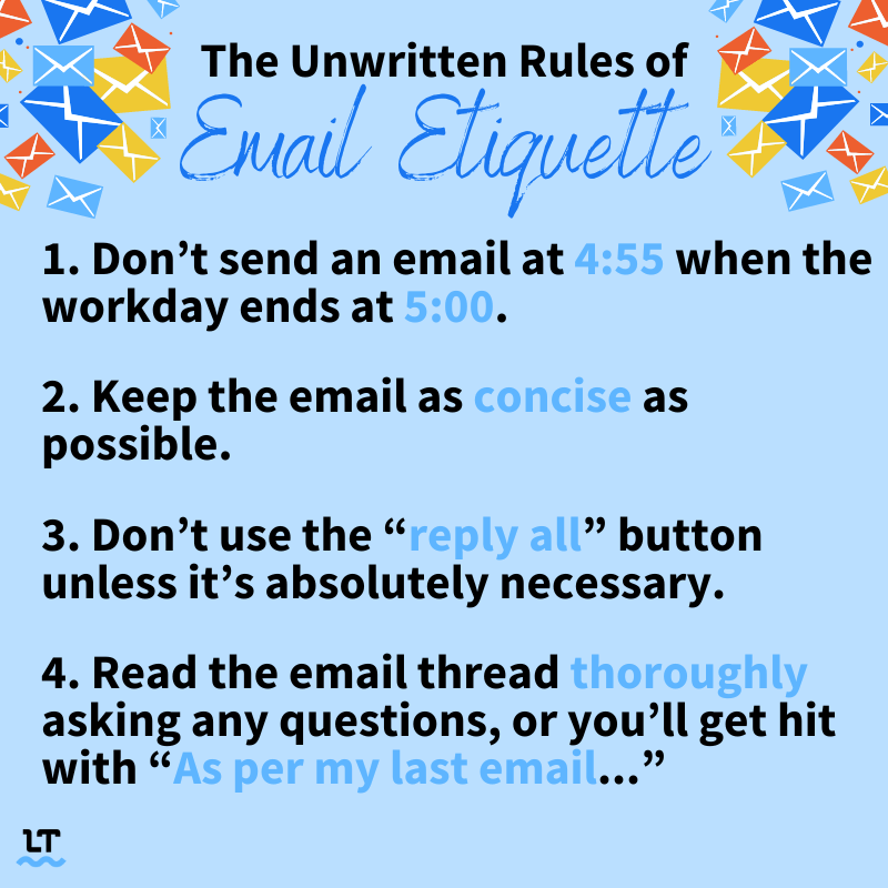 Image shows a summarization of the rules of proper email etiquette. 