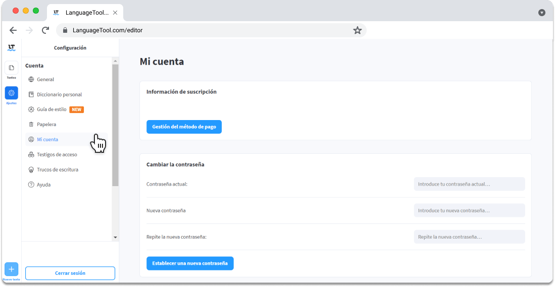 Cómo y dódne acceder a tu cuenta desde el editor de LanguageTool.