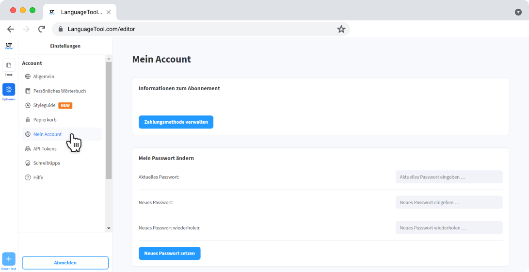 Screenshot 3: Zahlungs- und Accounteinstellungen in der webbasierten Ansicht des Editors