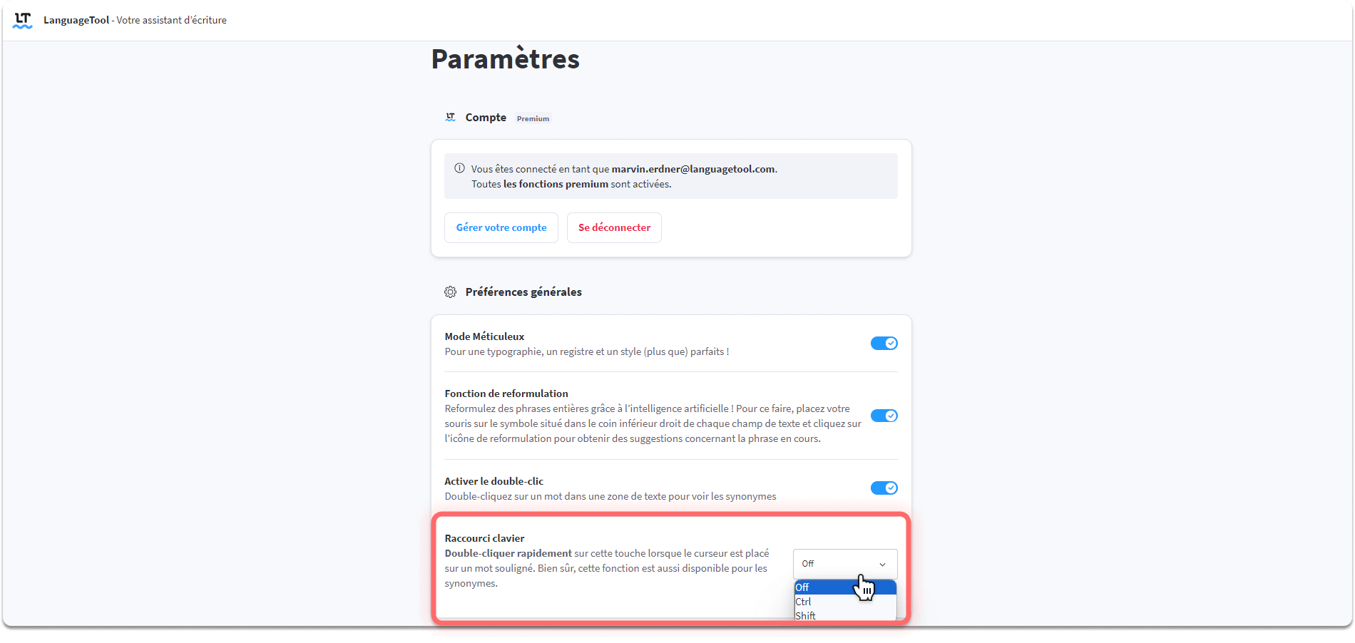 Capture d’écran des paramètres et du raccourci clavier sur le correcteur LanguageTool