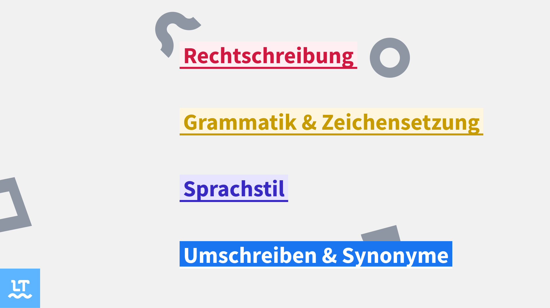 Rechtschreibung in Rot, Grammatik und Zeichensetzung in Gelb, Sprachstil in Blau