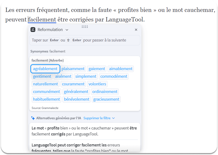 Image de la fonction de recherche des synonymes sur le correcteur LanguageTool