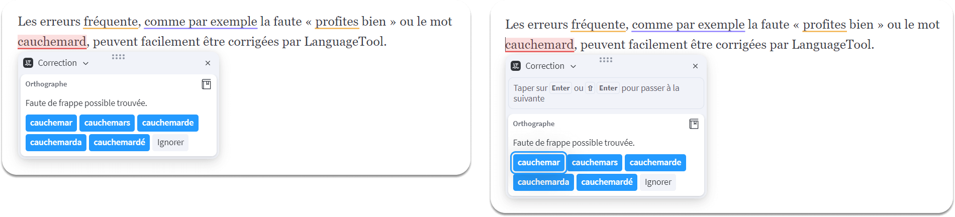 Comparaison avec le raccourcis clavier et sans la fonctionnalité sur le correcteur LanguageTool 