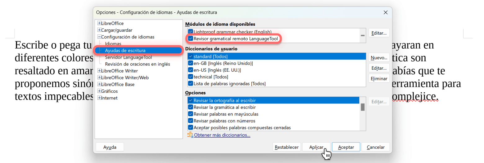 Revisor LanguageTool en LibreOffice.