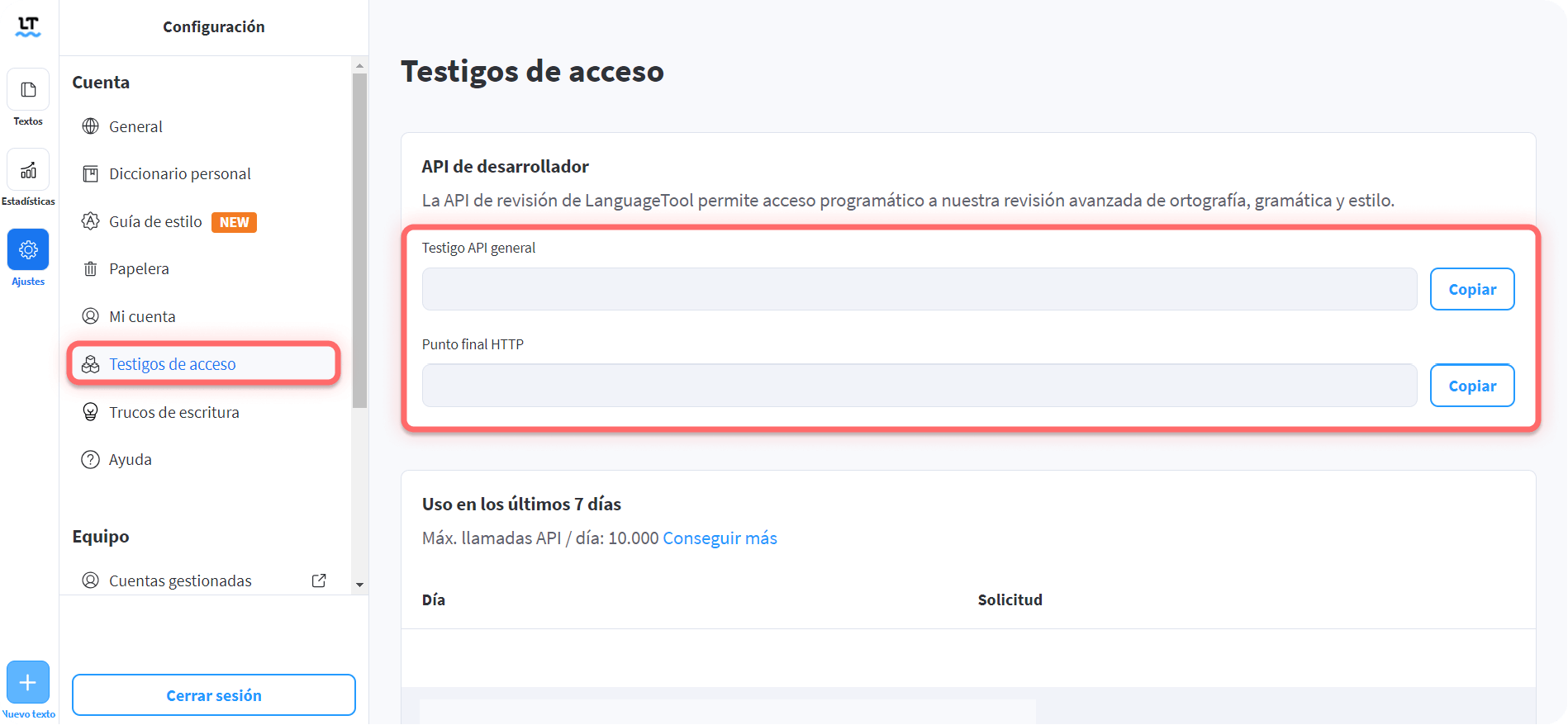 Configuración a través de los ajustes de LanguageTool de los testigos de acceso.