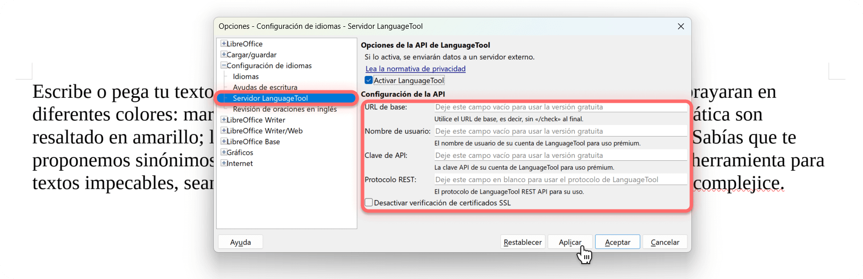 Pasos para la configuración de LibreOffice y LanguageTool.