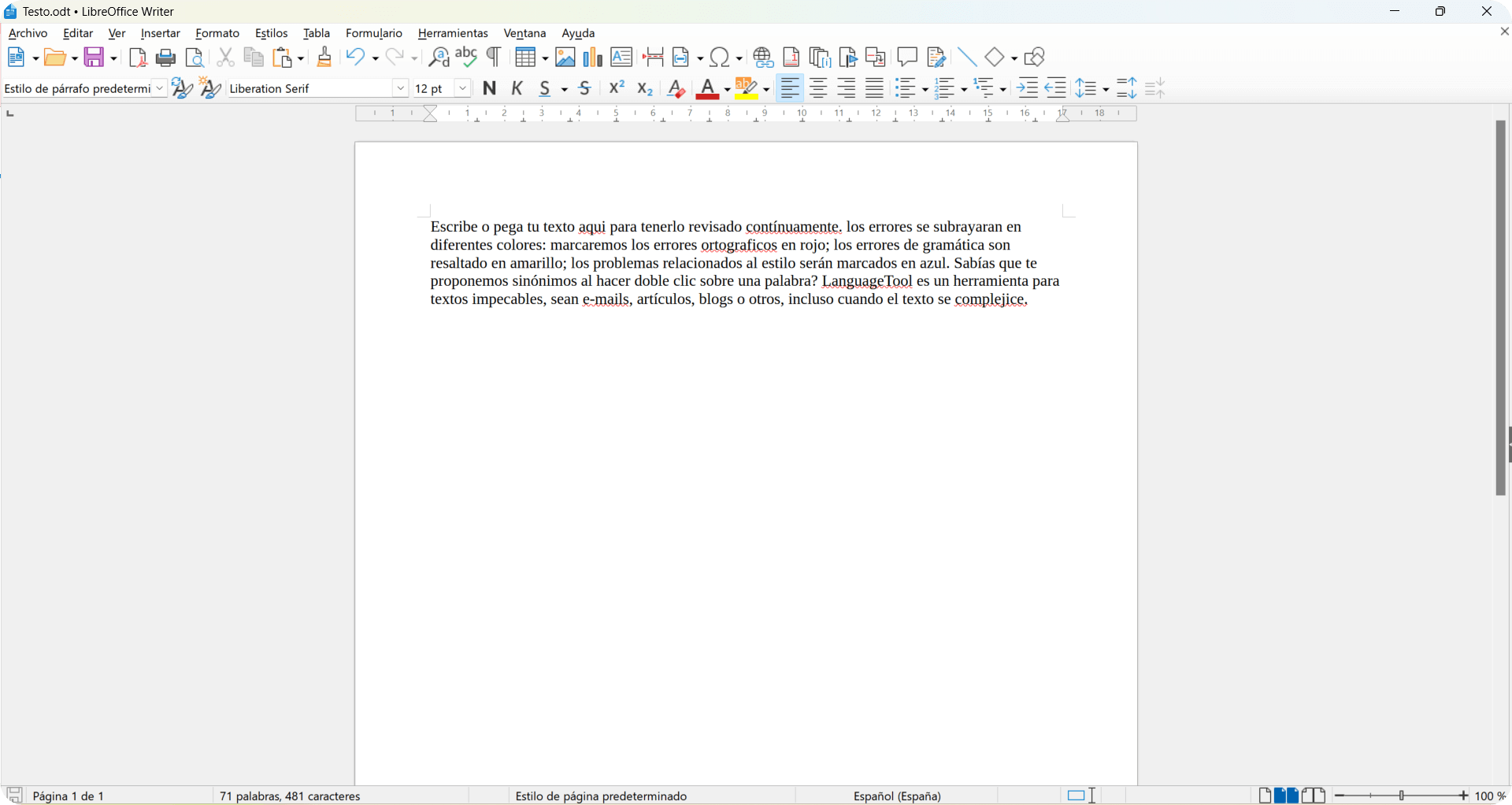 Un texto con faltas de ortografía en LibreOffice.