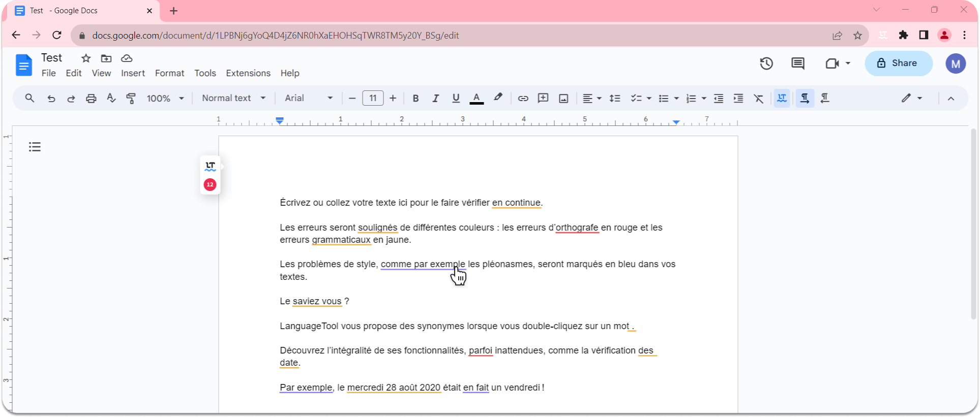 détection et correction des erreurs par le correcteur LanguageTool dans google docs