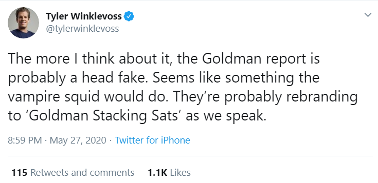 The more I think about it, the Goldman report is probably a head fake. Seems like something the vampire squid would do. They’re probably rebranding to ‘Goldman Stacking Sats’ as we speak.