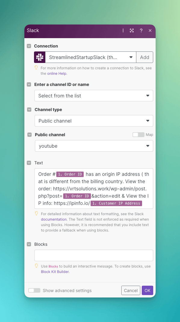 Screenshot showing Slack node settings for sending an alert to a public channel.