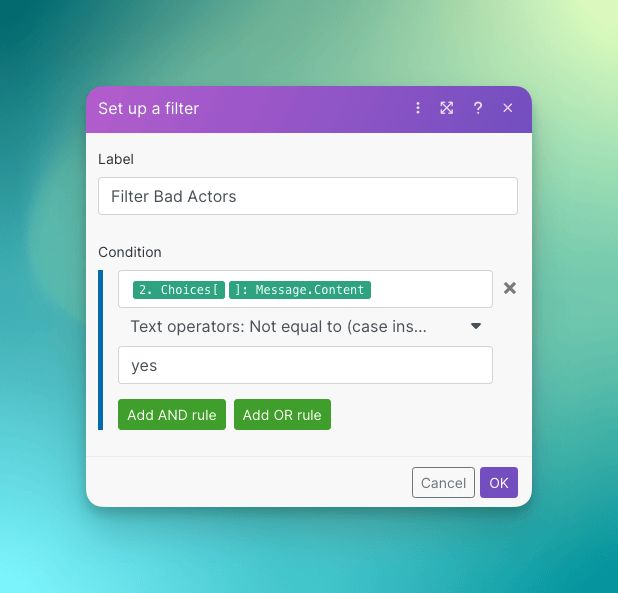 Setting up a filter to look at the OpenAI node response and if the response is not equal to yes (case insensitive), then forward message to slack. 